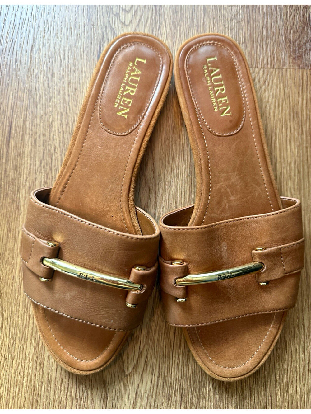 Lauren Ralph Lauren Women’s 8B Brown Leather Gold Hardware Slide Sandals